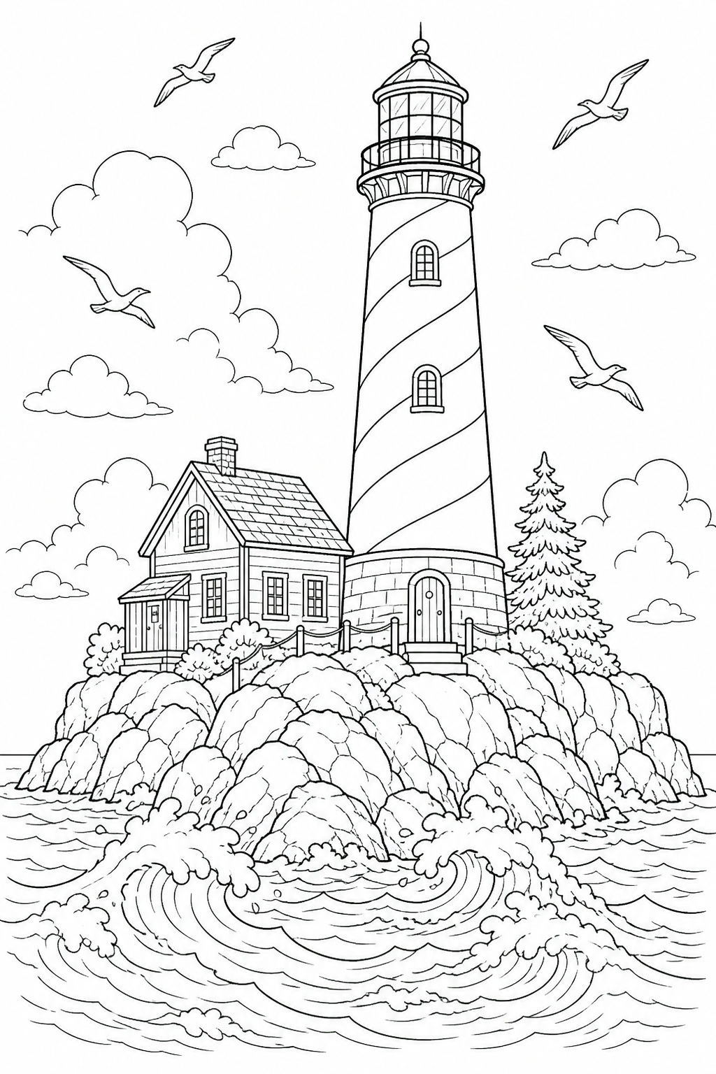 Insel mit leuchtturm ausmalbild zum Ausmalen
