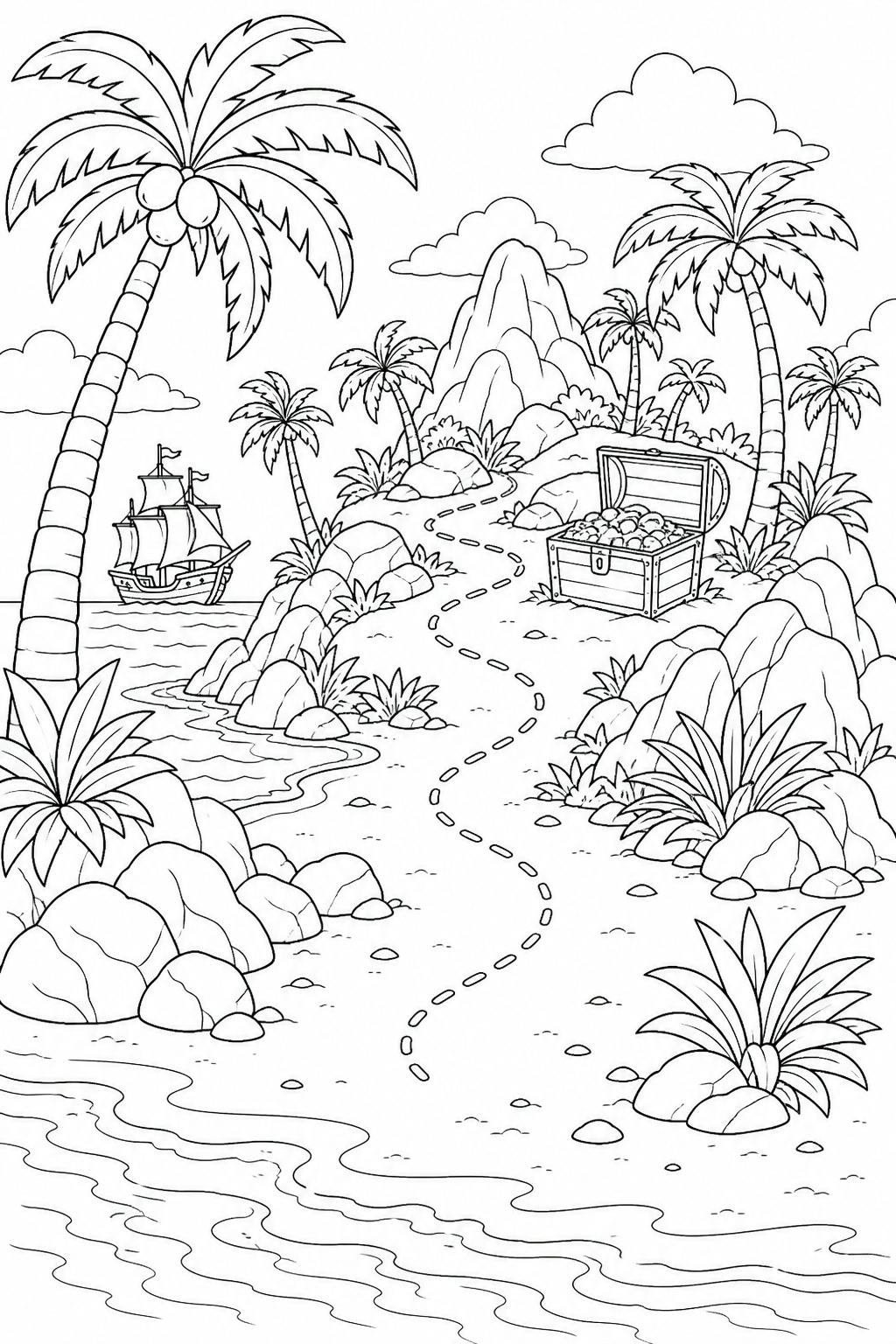 Schatzinsel mit piratenschiff ausmalbild zum Ausmalen