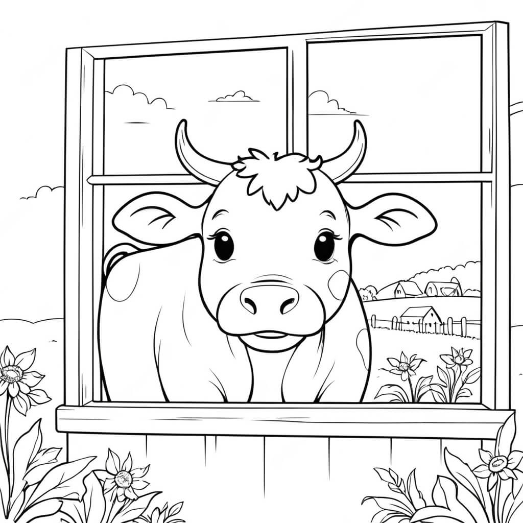 Kuh am fenster ausmalbild zum Ausmalen
