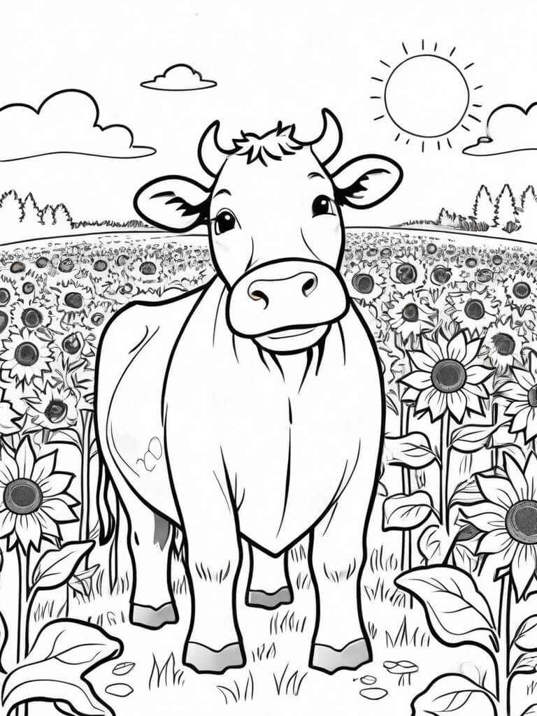 Kuh mit sonnenblumen ausmalbild zum Ausmalen