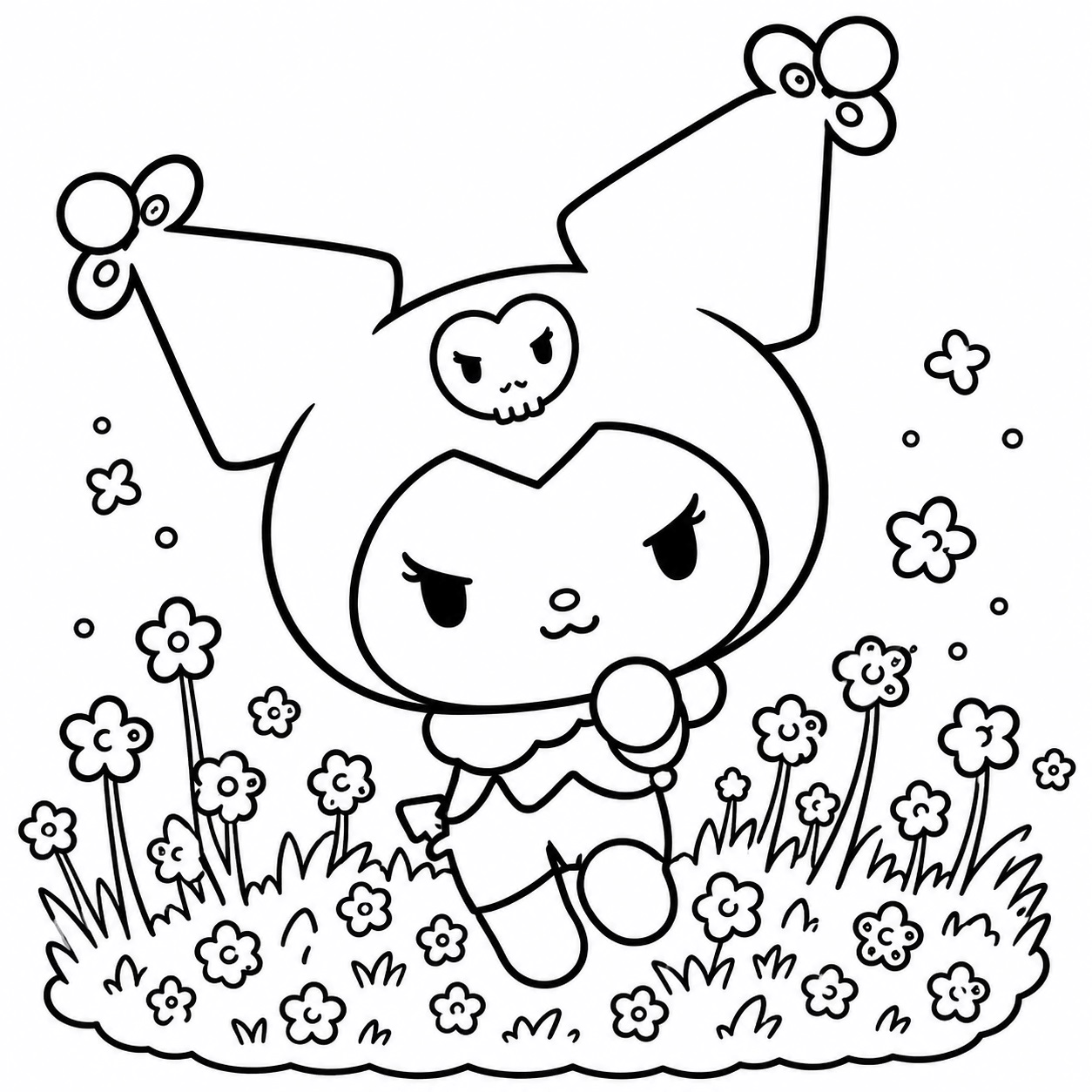Kuromi im blumengarten ausmalbild zum Ausmalen