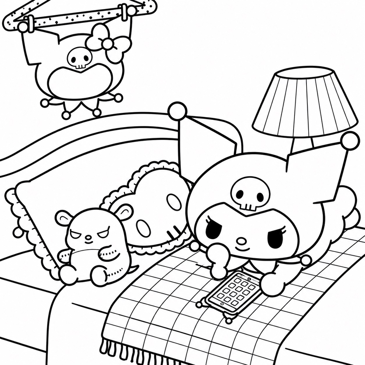 Kuromi mit handy im schlafzimmer ausmalbild zum Ausmalen