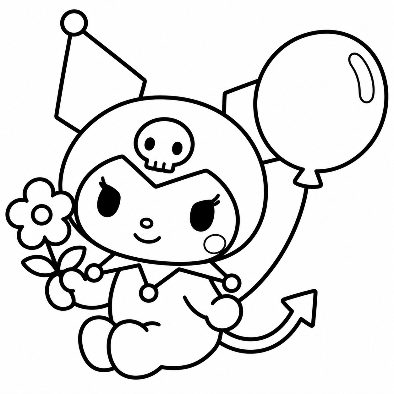 Kuromi mit luftballon und blume ausmalbild zum Ausmalen