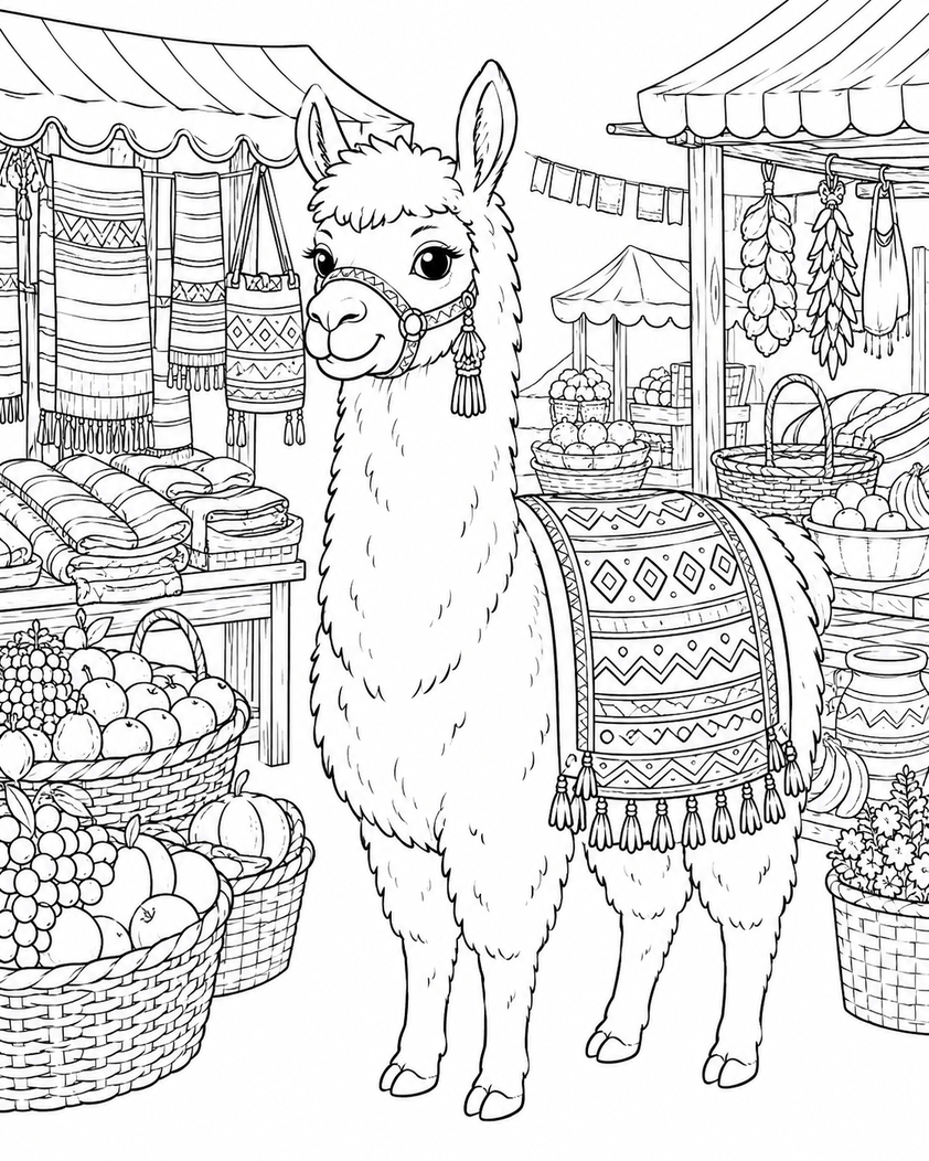 Lama auf dem markt ausmalbild zum Ausmalen