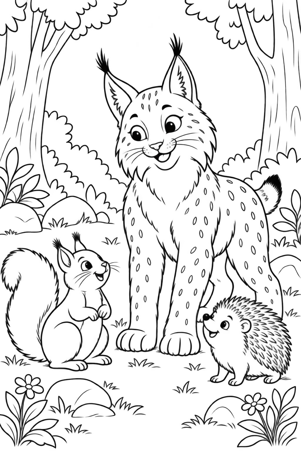Luchs mit waldtieren ausmalbild zum Ausmalen