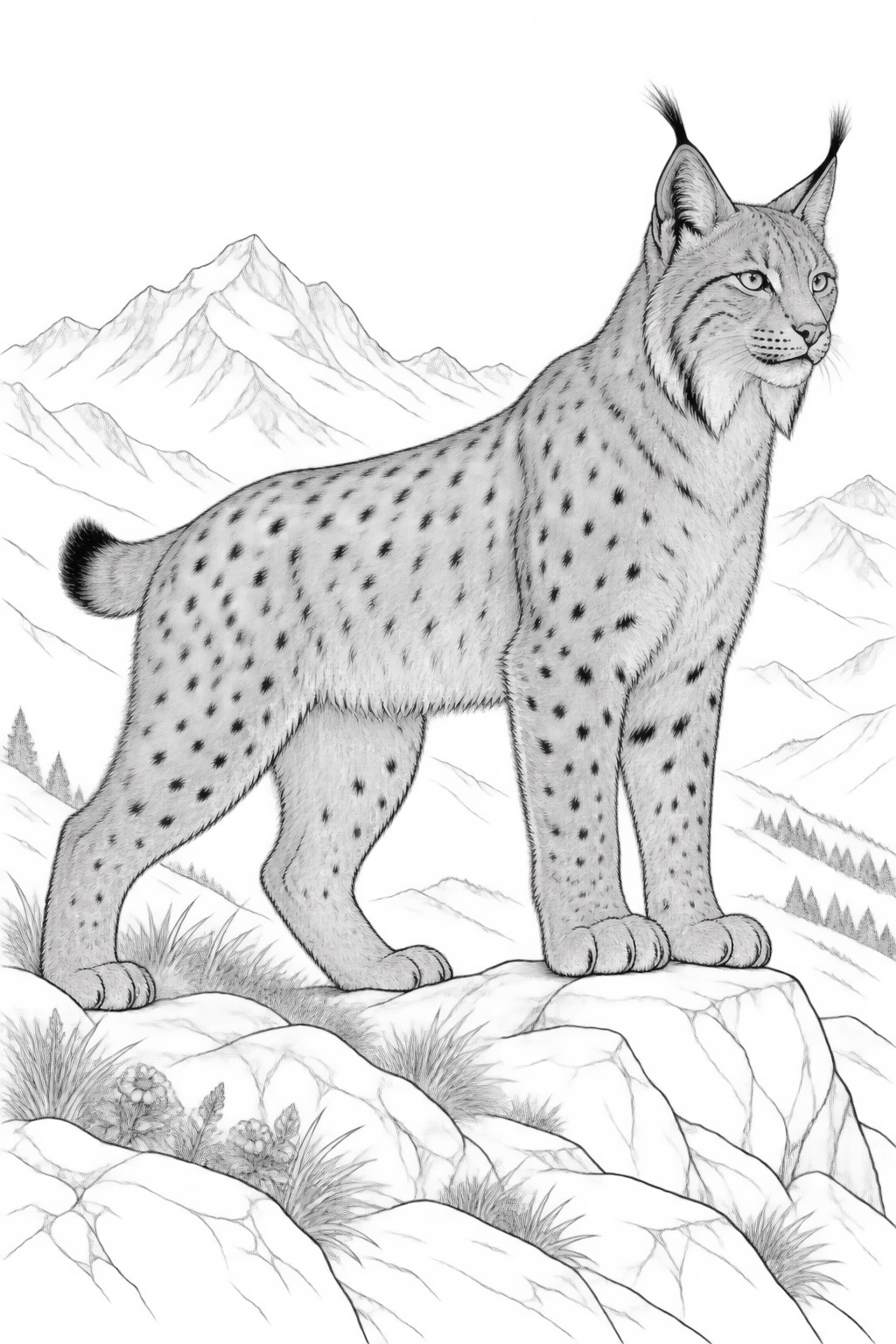 Realistischer luchs in den bergen ausmalbild zum Ausmalen
