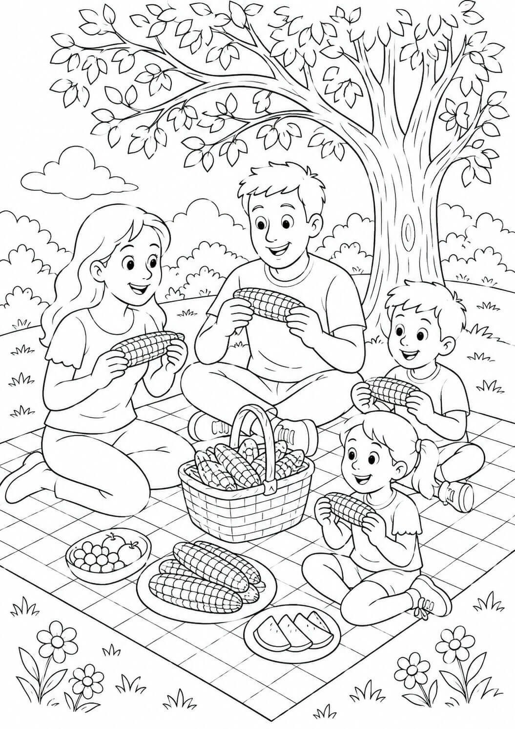 Gegrillter mais beim picknick ausmalbild zum Ausmalen
