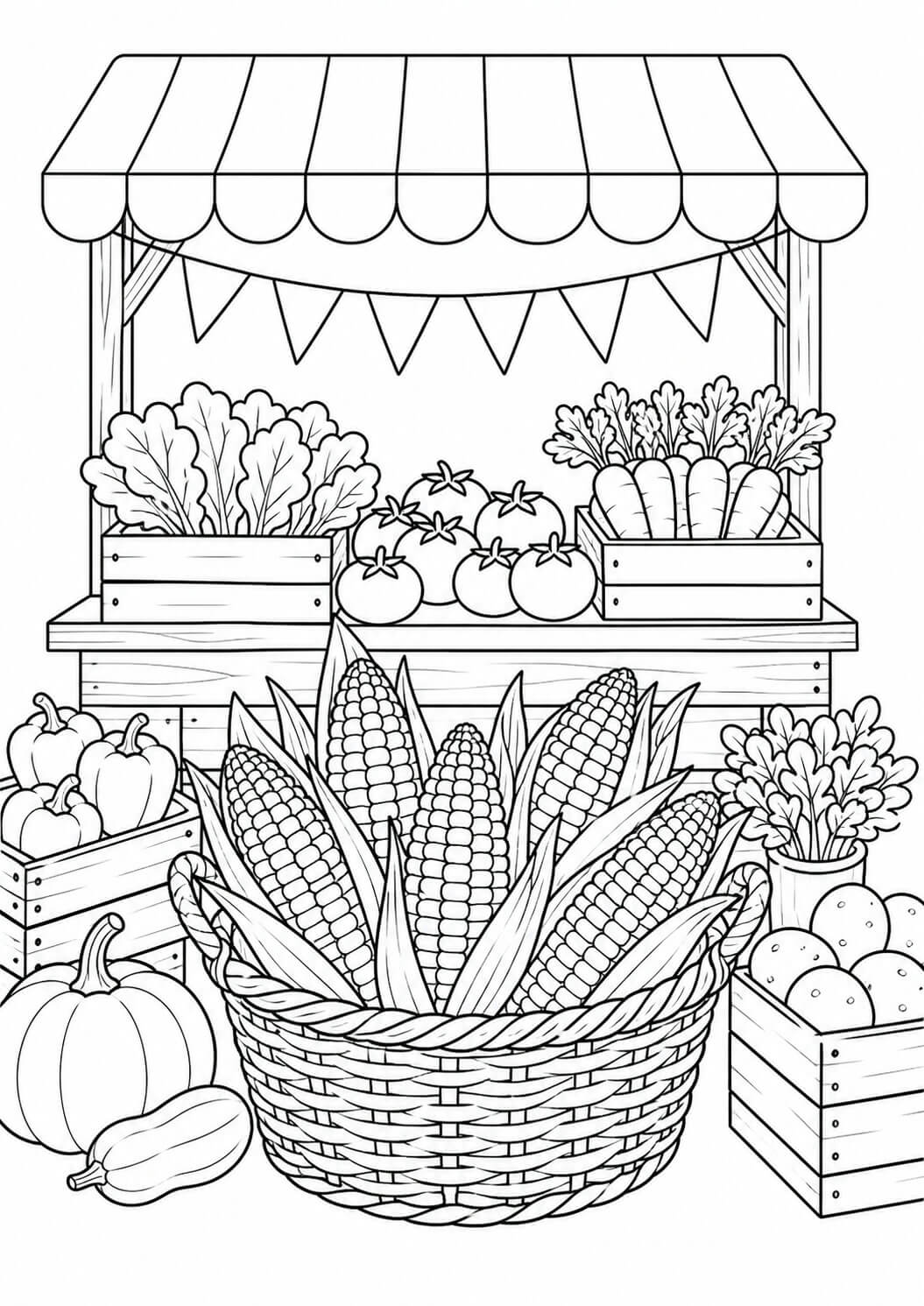 Maiskorb auf dem wochenmarkt ausmalbild zum Ausmalen
