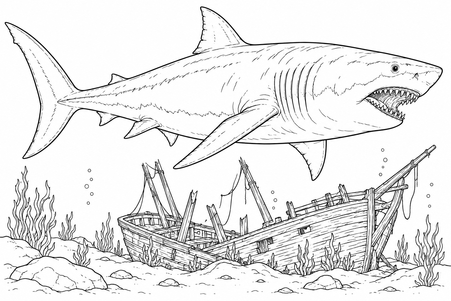 Megalodon am schiffswrack ausmalbild zum Ausmalen