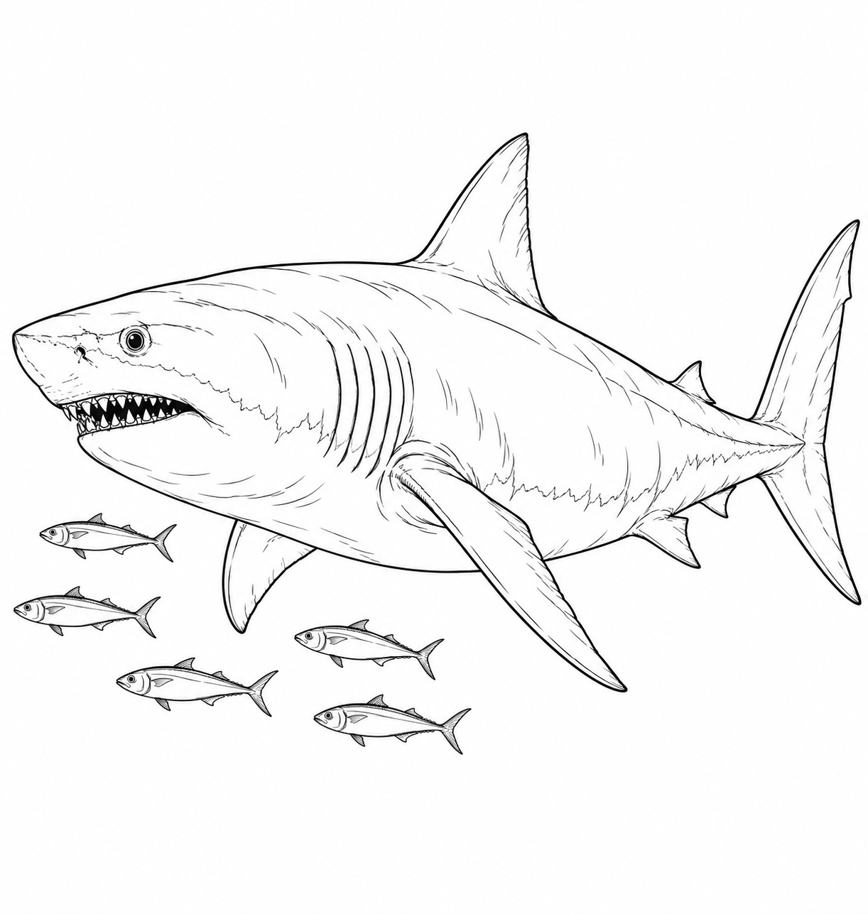 Megalodon realistisch mit fischschwarm ausmalbild zum Ausmalen