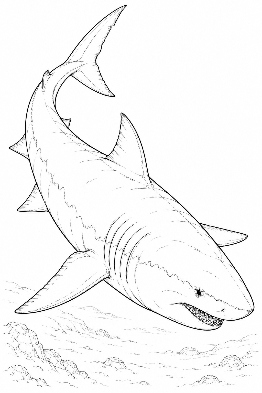 Megalodon realistisch schwimmend ausmalbild zum Ausmalen