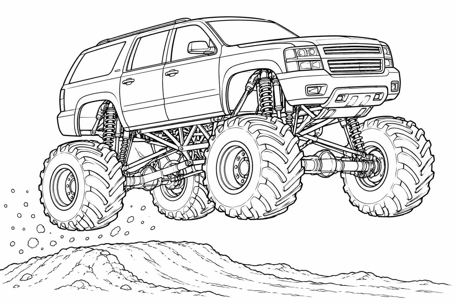 Monstertruck realistisch beim sprung ausmalbild zum Ausmalen