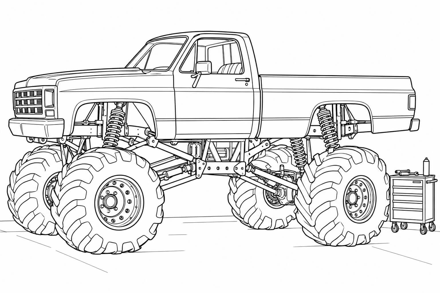 Monstertruck realistisch in der werkstatt ausmalbild zum Ausmalen