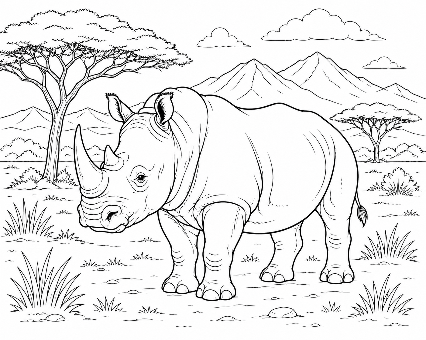 Nashorn in landschaft ausmalbild zum Ausmalen