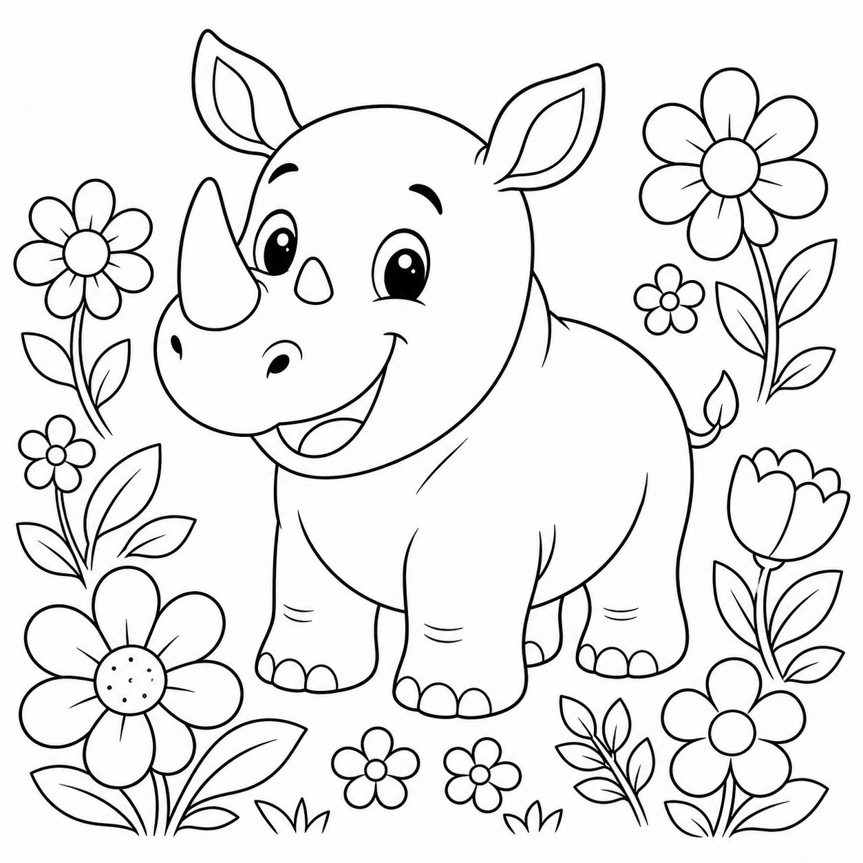 Nashorn mit blumen ausmalbild zum Ausmalen