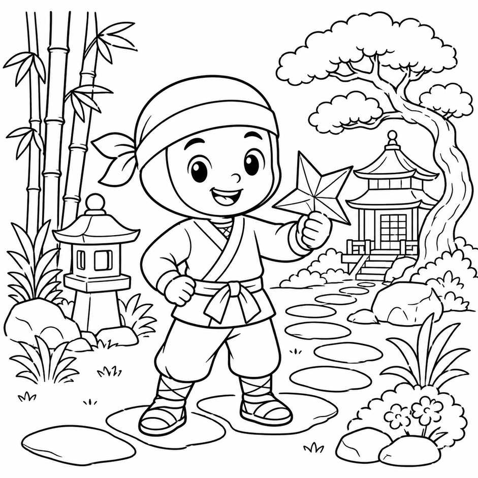 Ninja mit papierstern ausmalbild zum Ausmalen