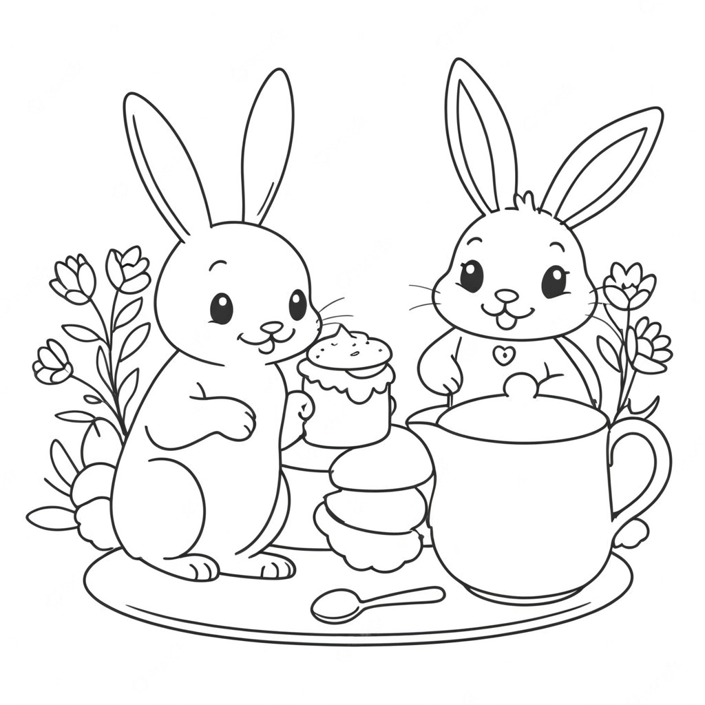 Hasen beim teetrinken ausmalbild zum Ausmalen
