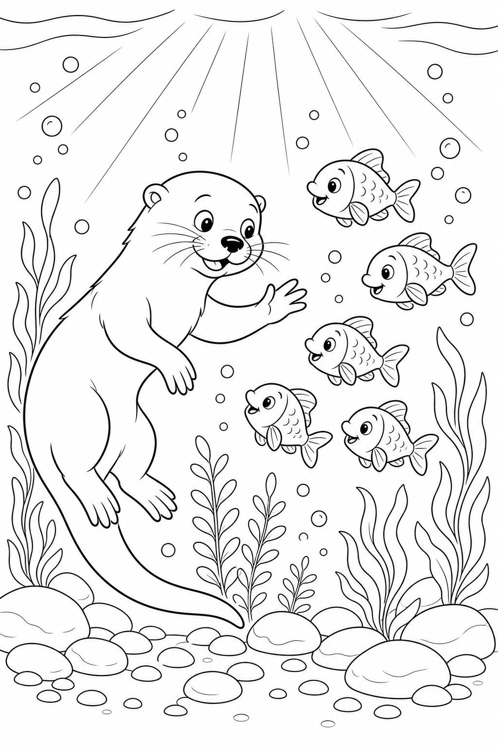 Otter mit fischfreunden ausmalbild zum Ausmalen