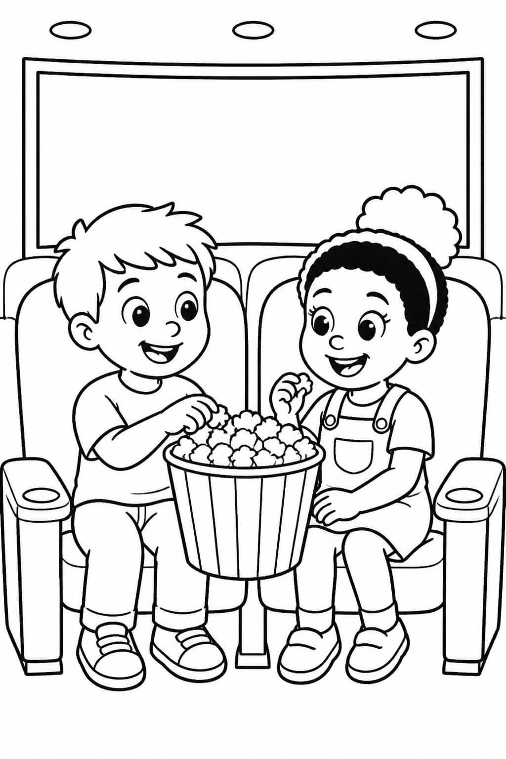 Kinder im kino mit popcorn ausmalbild zum Ausmalen