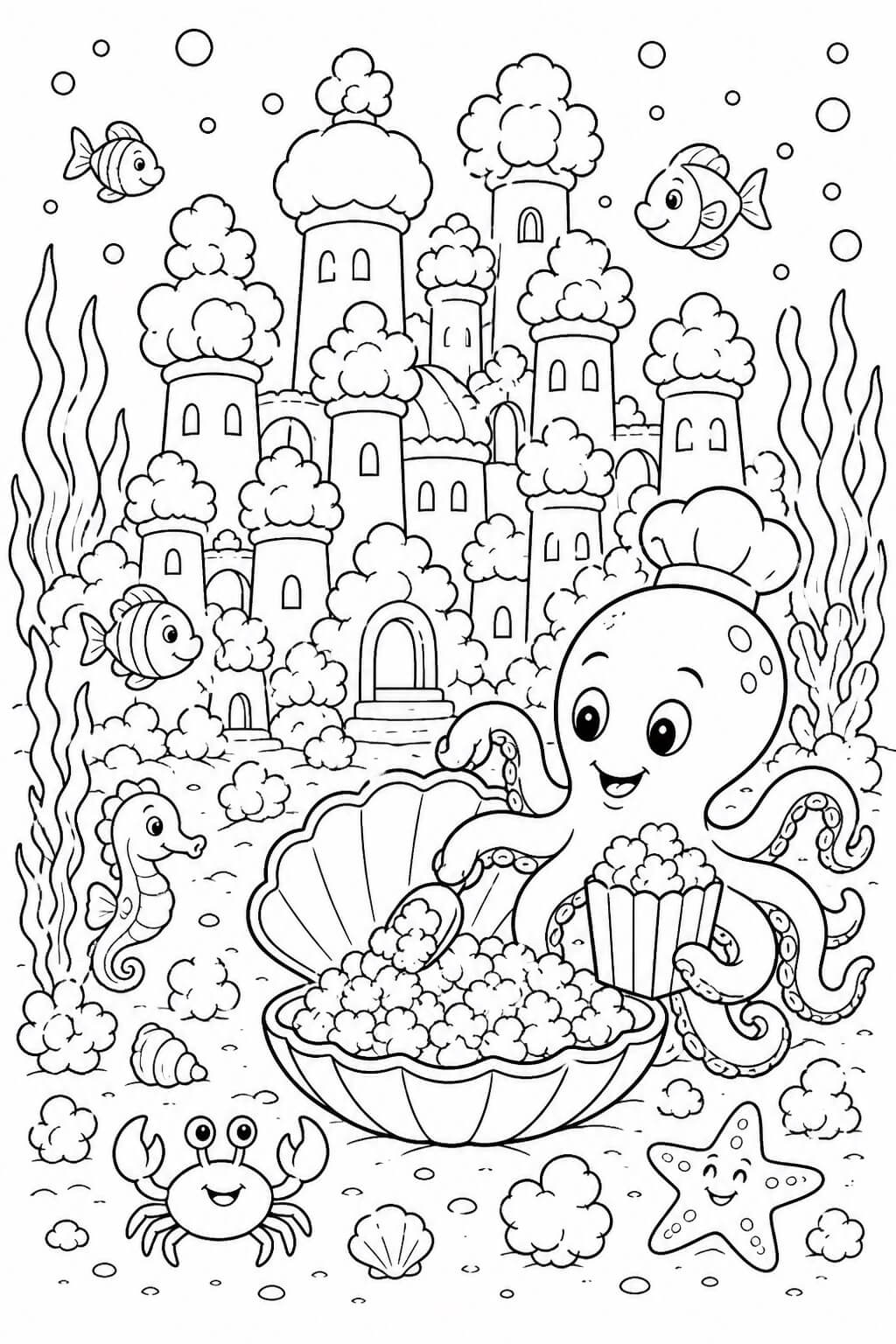 Unterwasser popcornstadt ausmalbild zum Ausmalen