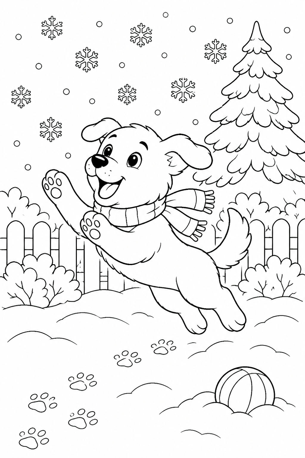 Hund spielt im schnee ausmalbild zum Ausmalen