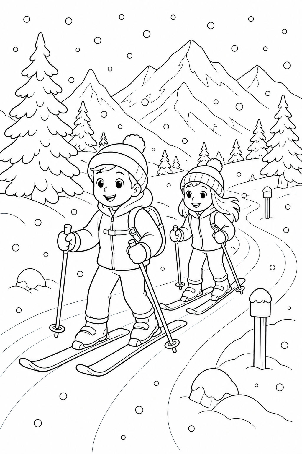 Kinder beim skifahren ausmalbild zum Ausmalen
