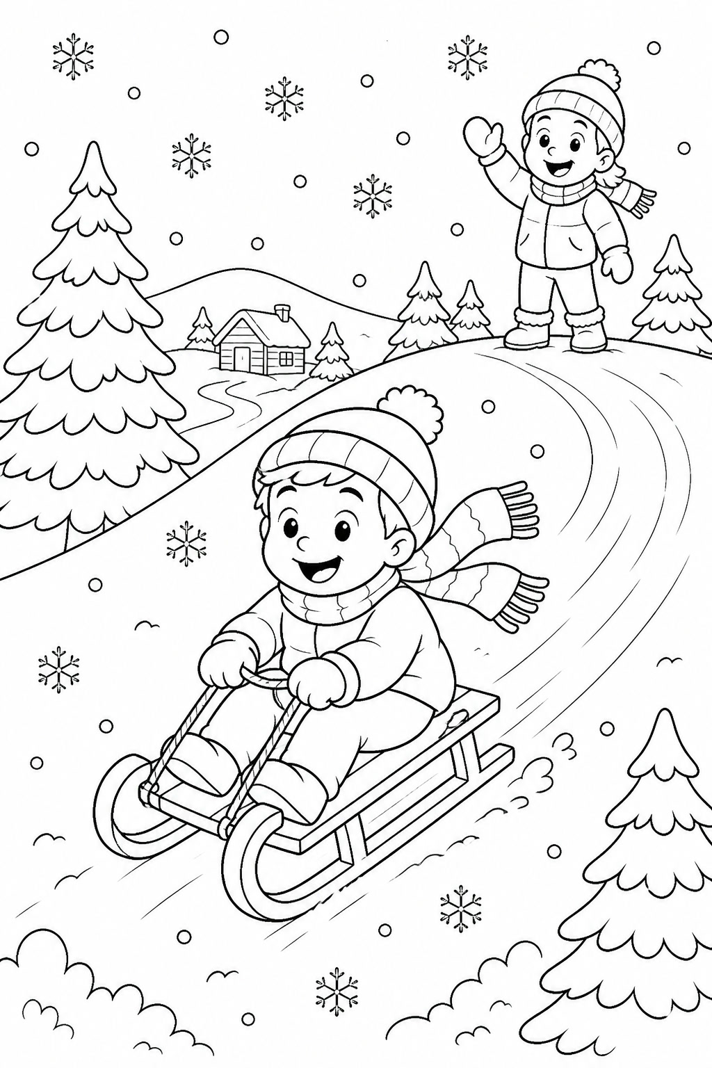 Kinder rodeln im schnee ausmalbild zum Ausmalen