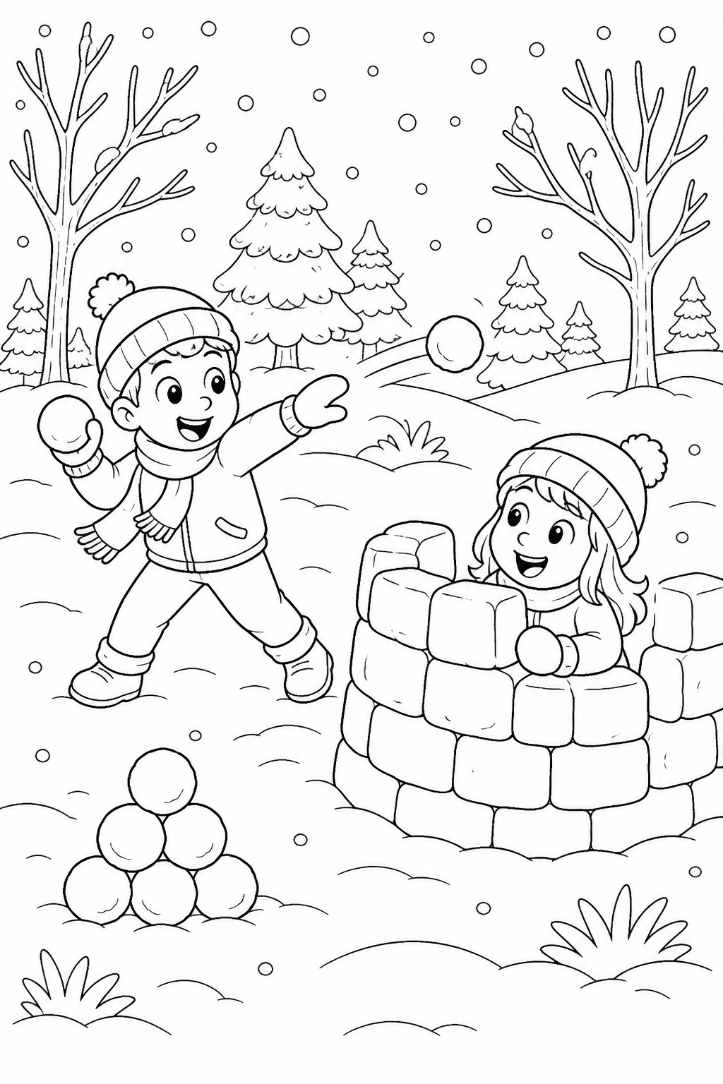 Schneeballschlacht ausmalbild zum Ausmalen