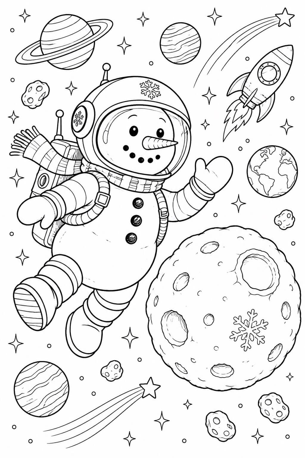 Schneemann astronaut im weltall ausmalbild zum Ausmalen