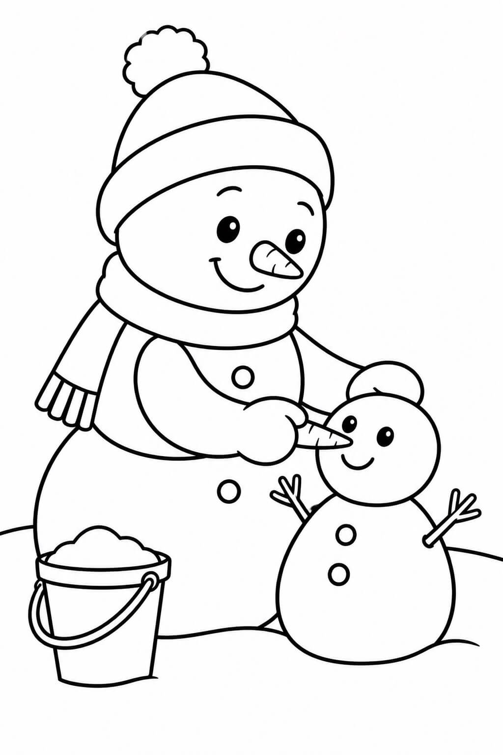 Schneemann baut kleinen schneemann ausmalbild zum Ausmalen
