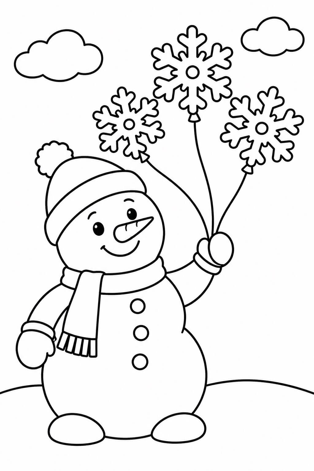 Schneemann mit schneeflockenballons ausmalbild zum Ausmalen