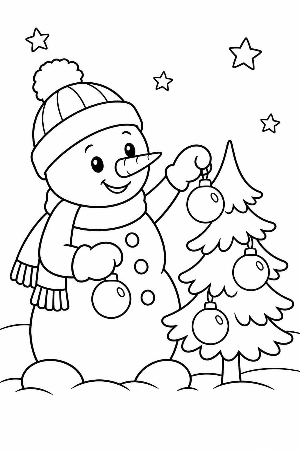 Schneemann schmueckt tannenbaum ausmalbild zum Ausmalen