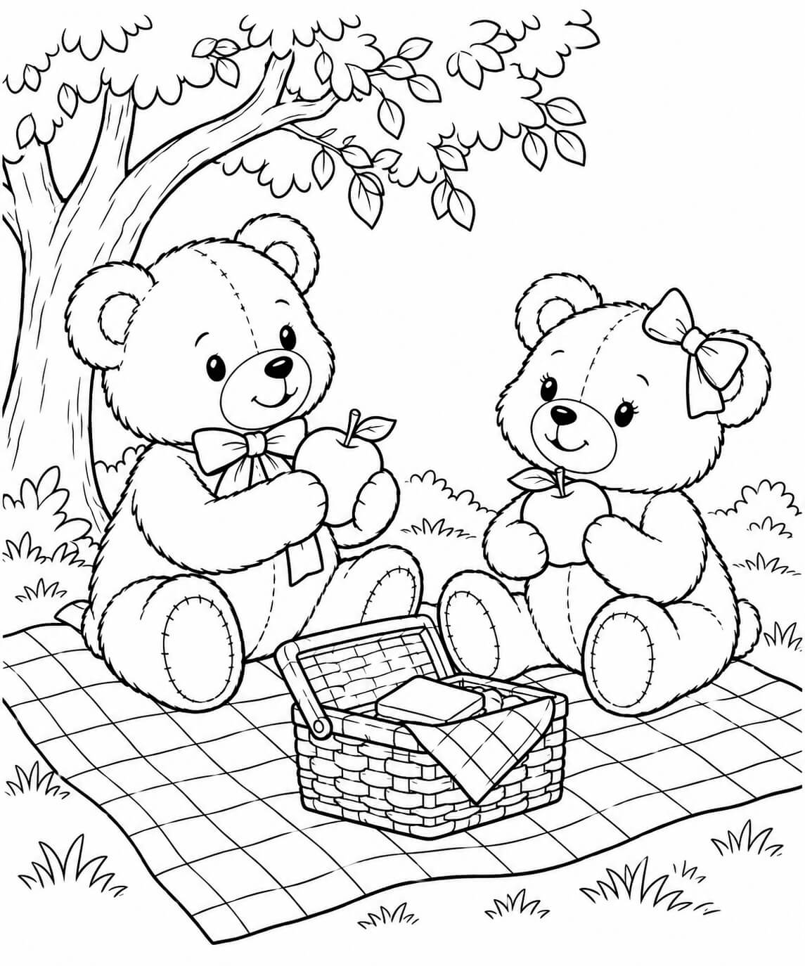 Teddybaer beim picknick ausmalbild zum Ausmalen