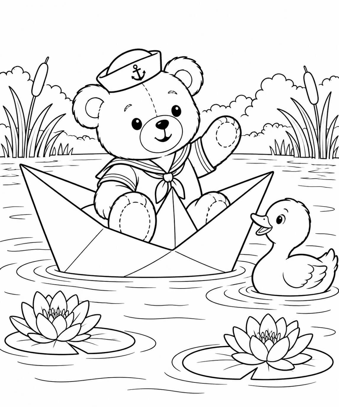 Teddybaer im papierboot ausmalbild zum Ausmalen