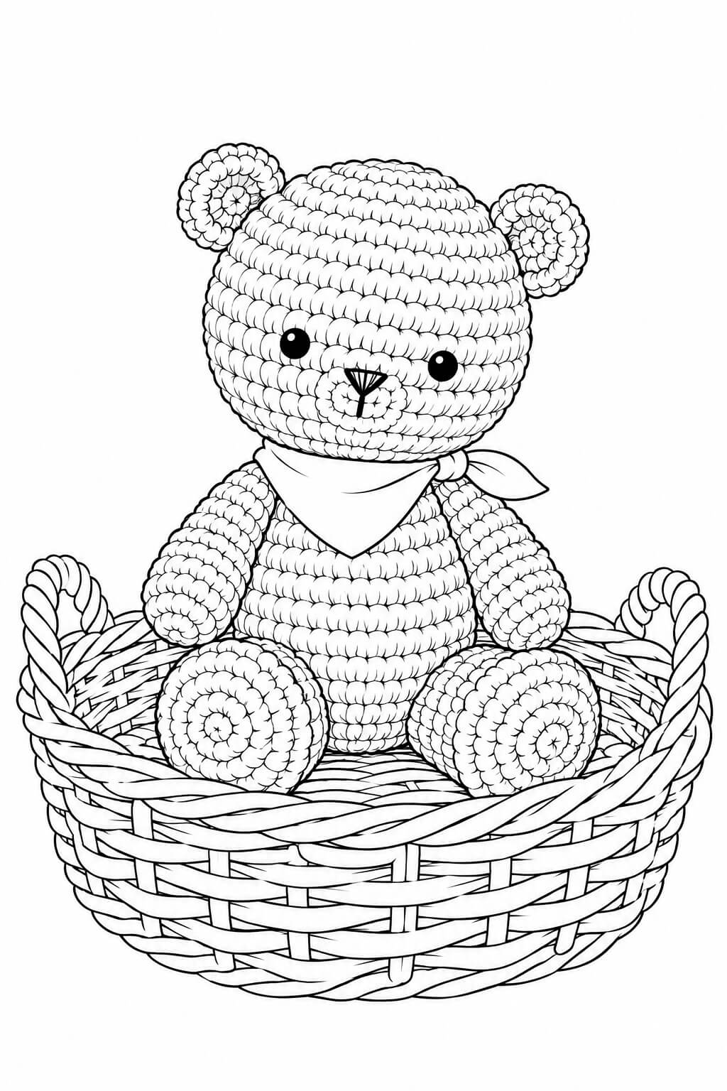 Teddybaer realistisch im korb ausmalbild zum Ausmalen