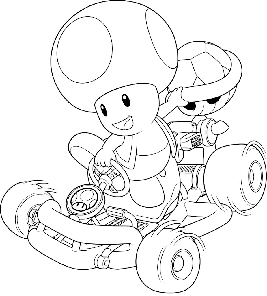 Toad im mario kart mit panzer ausmalbild zum Ausmalen