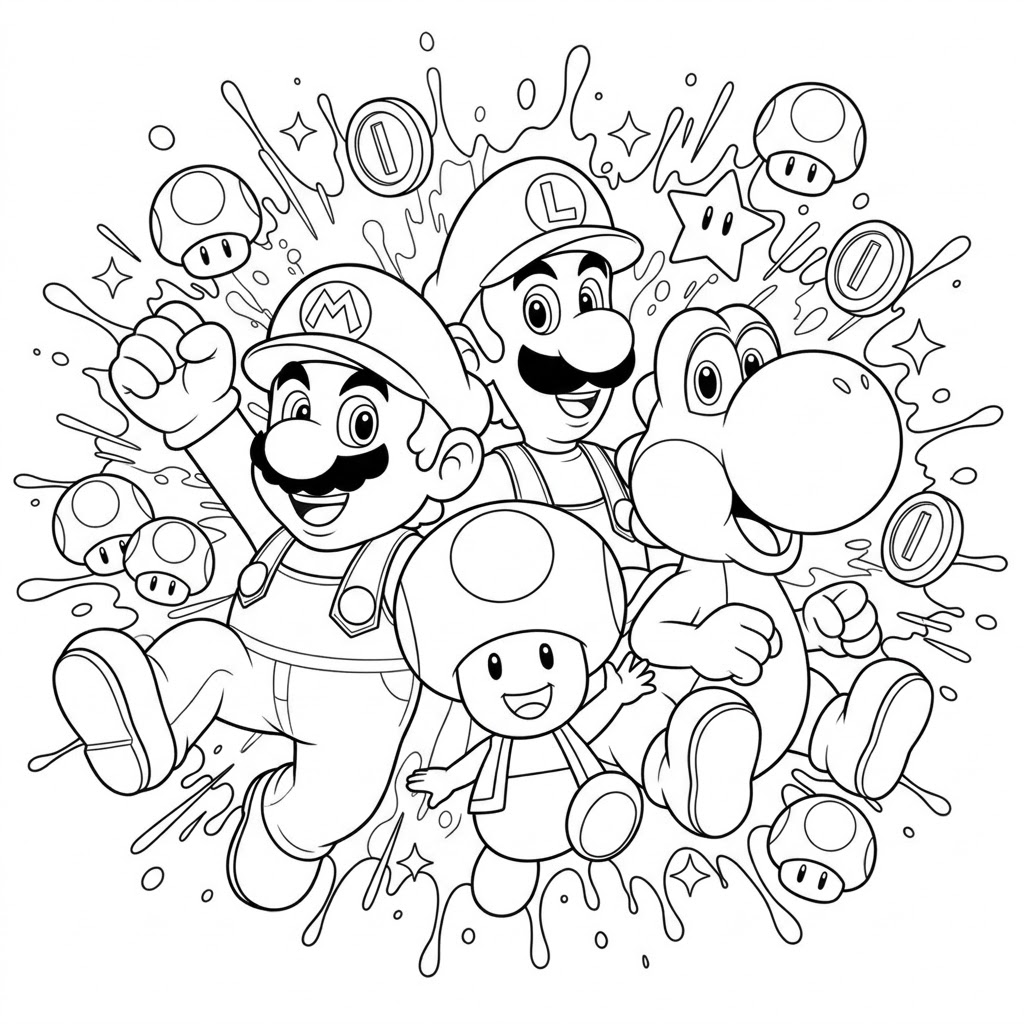Toad mit super mario und freunden ausmalbild zum Ausmalen