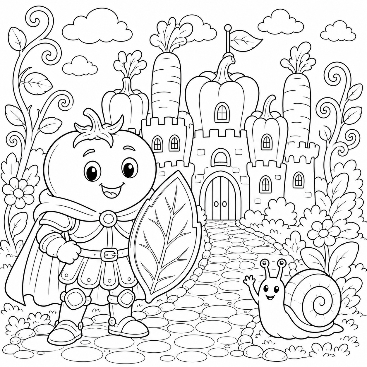 Tomatenritter vor gemueseschloss ausmalbild zum Ausmalen