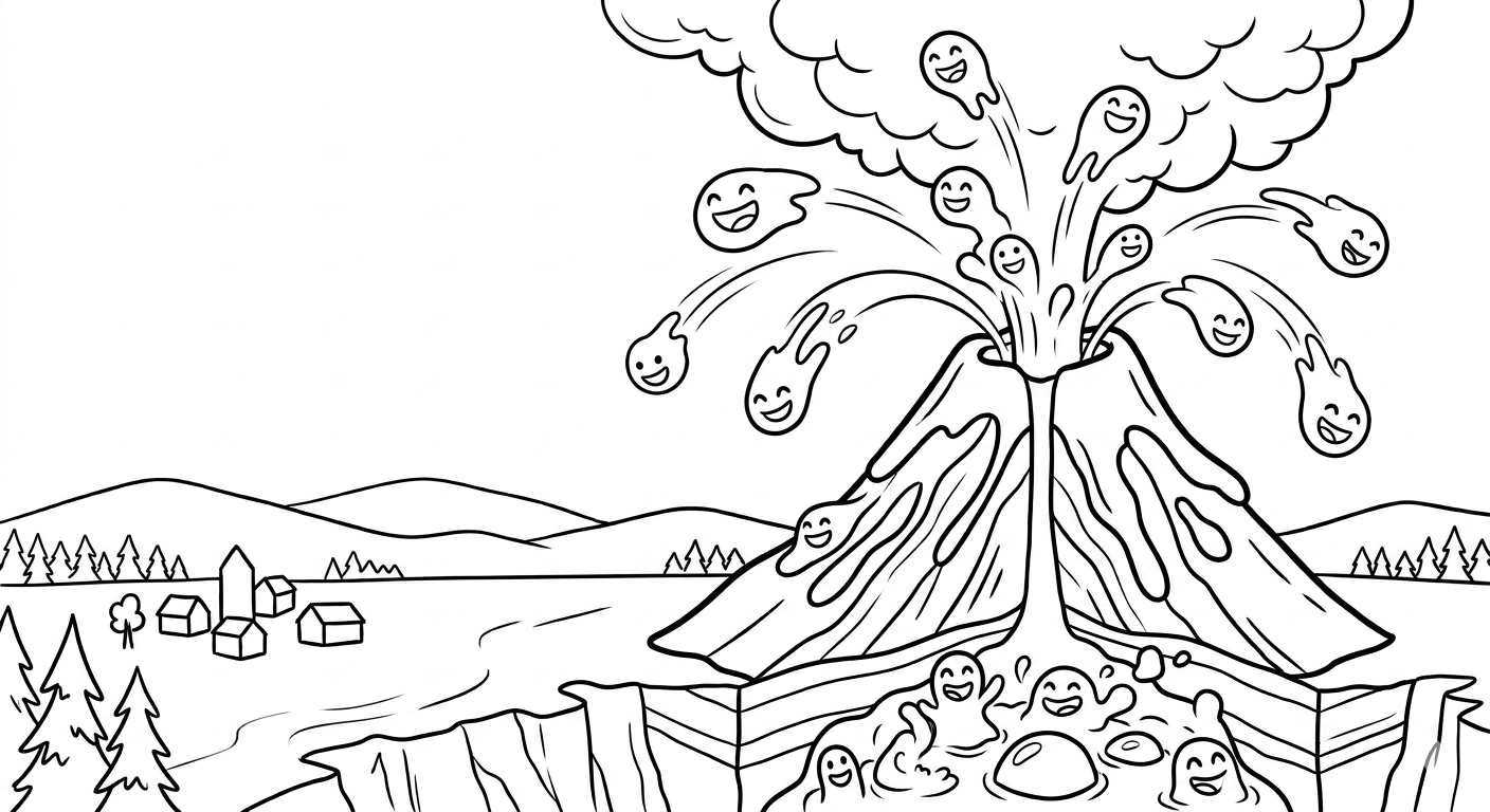 Comic vulkan im ausbruch ausmalbild zum Ausmalen