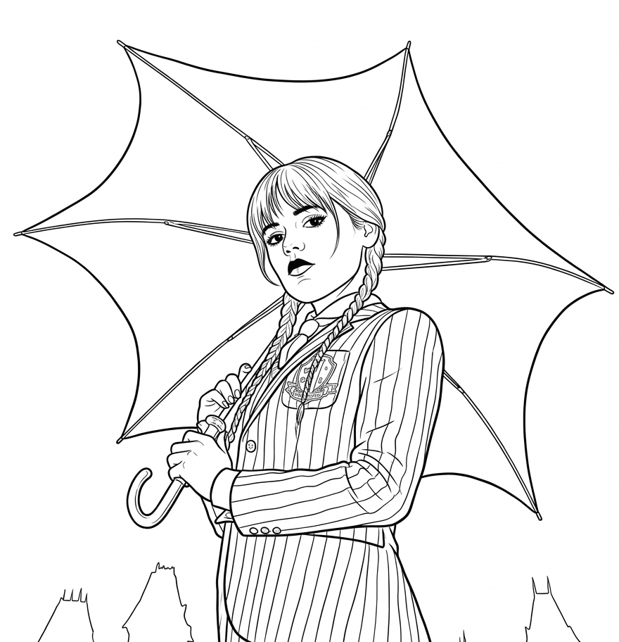 Wednesday mit regenschirm ausmalbild zum Ausmalen