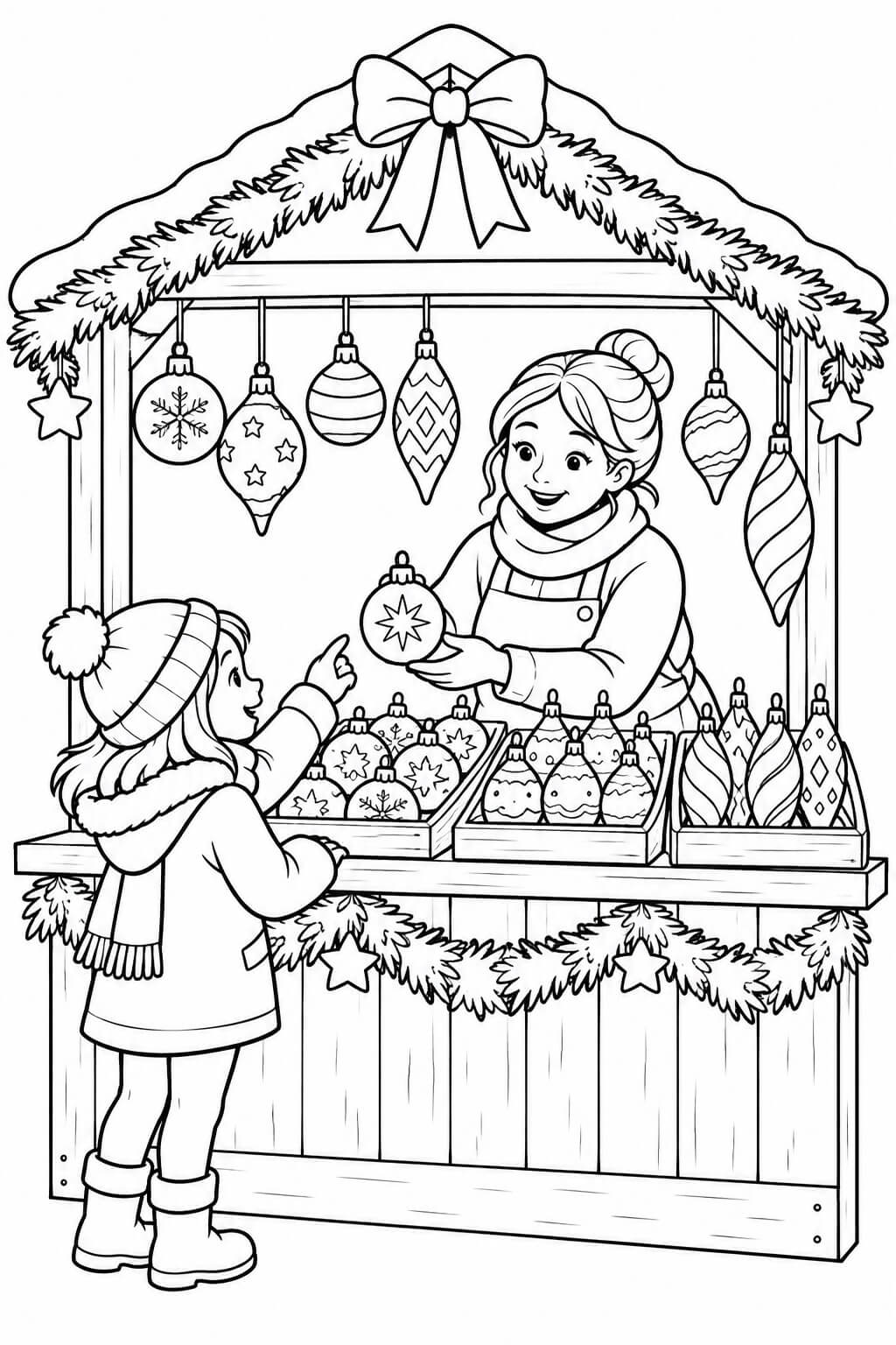 Weihnachtskugeln auf dem weihnachtsmarkt ausmalbild zum Ausmalen