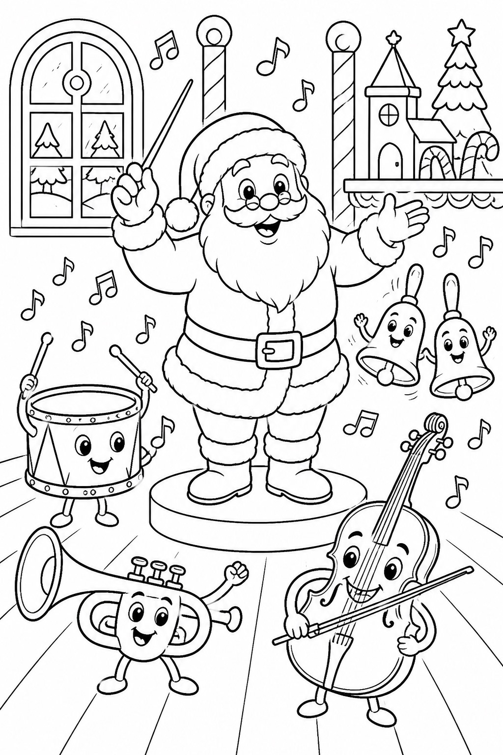 Weihnachtsmann dirigiert spielzeugorchester ausmalbild zum Ausmalen