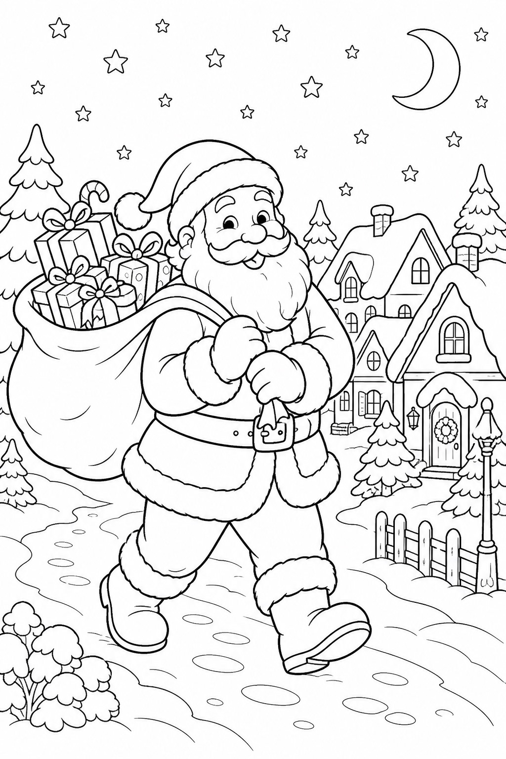 Weihnachtsmann im verschneiten dorf ausmalbild zum Ausmalen