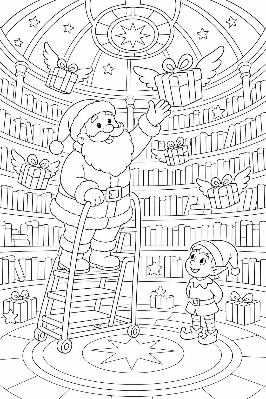 Weihnachtsmann in magischer bibliothek ausmalbild zum Ausmalen