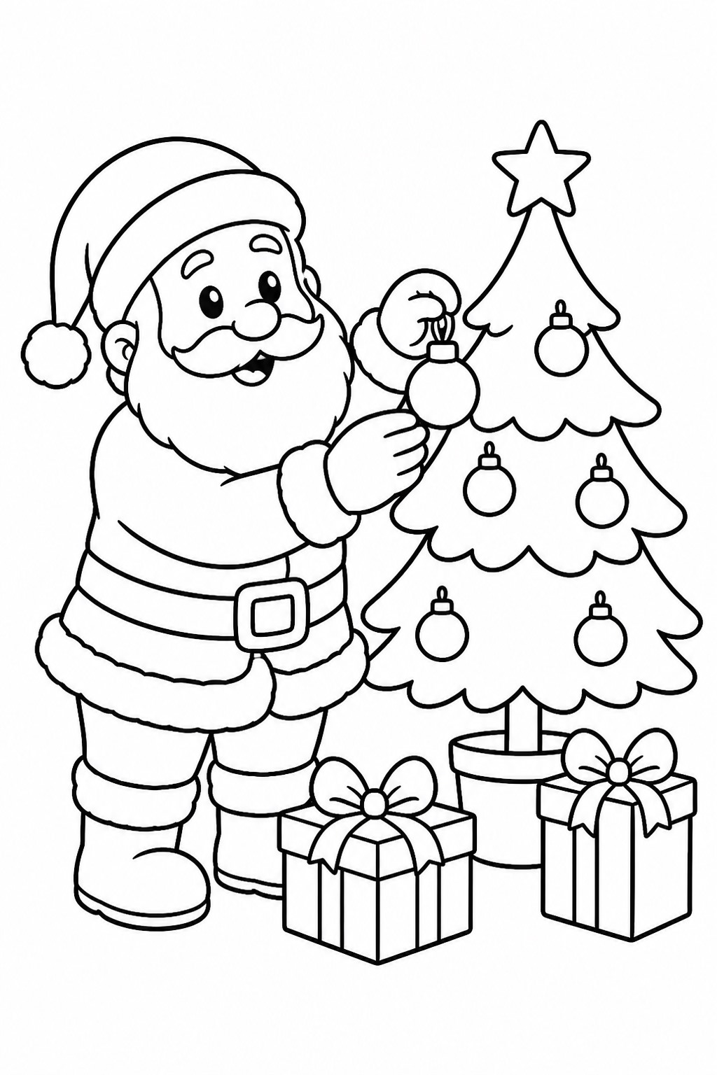 Weihnachtsmann schmueckt weihnachtsbaum ausmalbild zum Ausmalen