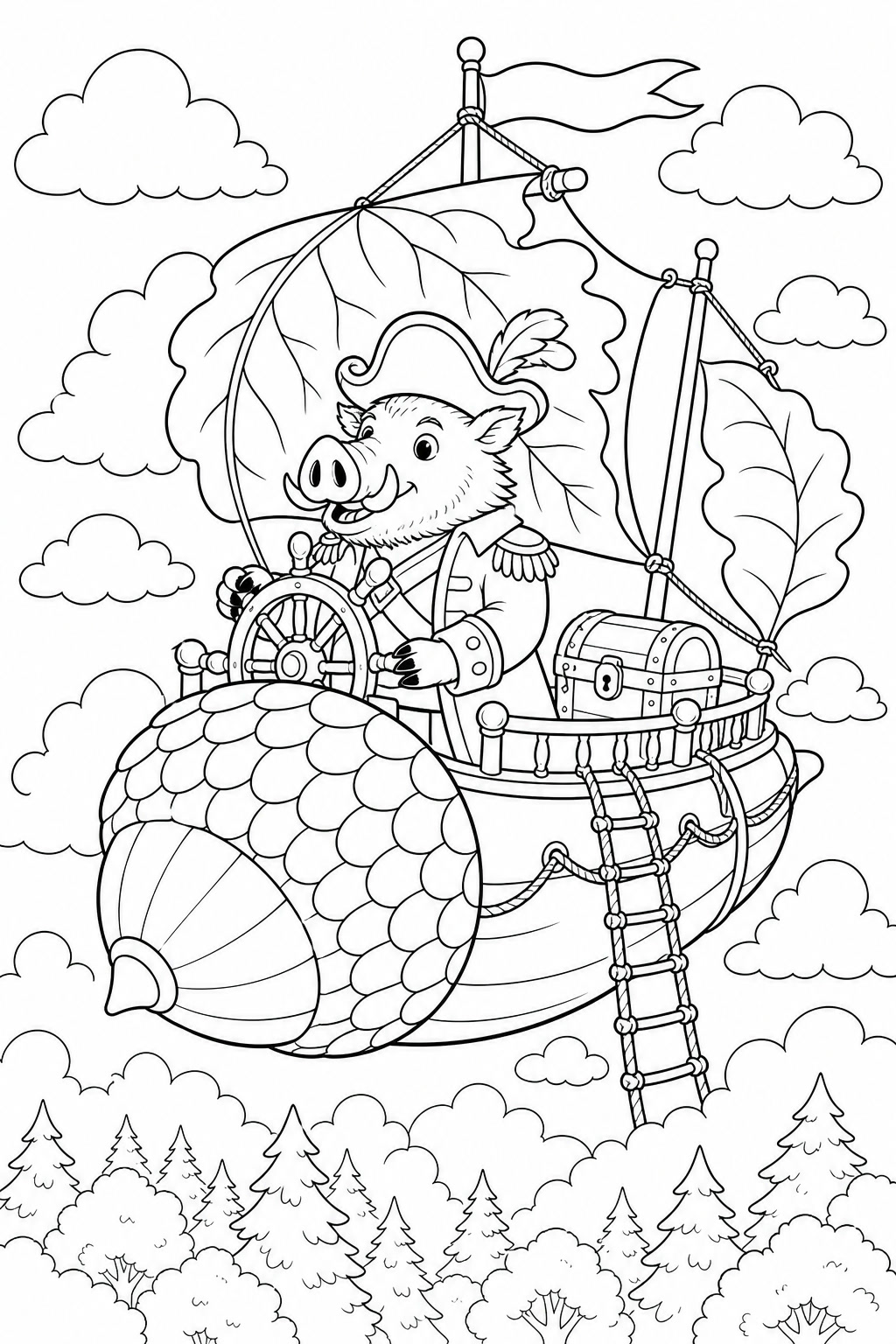 Piraten wildschwein im eichelluftschiff ausmalbild zum Ausmalen