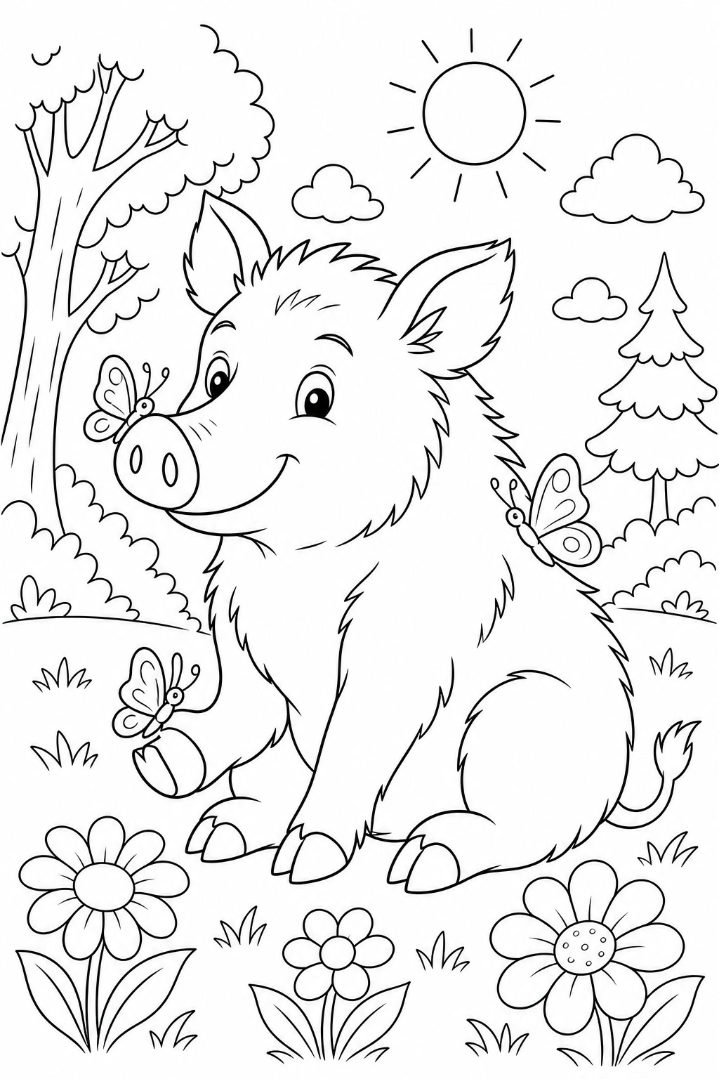Wildschwein und schmetterlinge ausmalbild zum Ausmalen