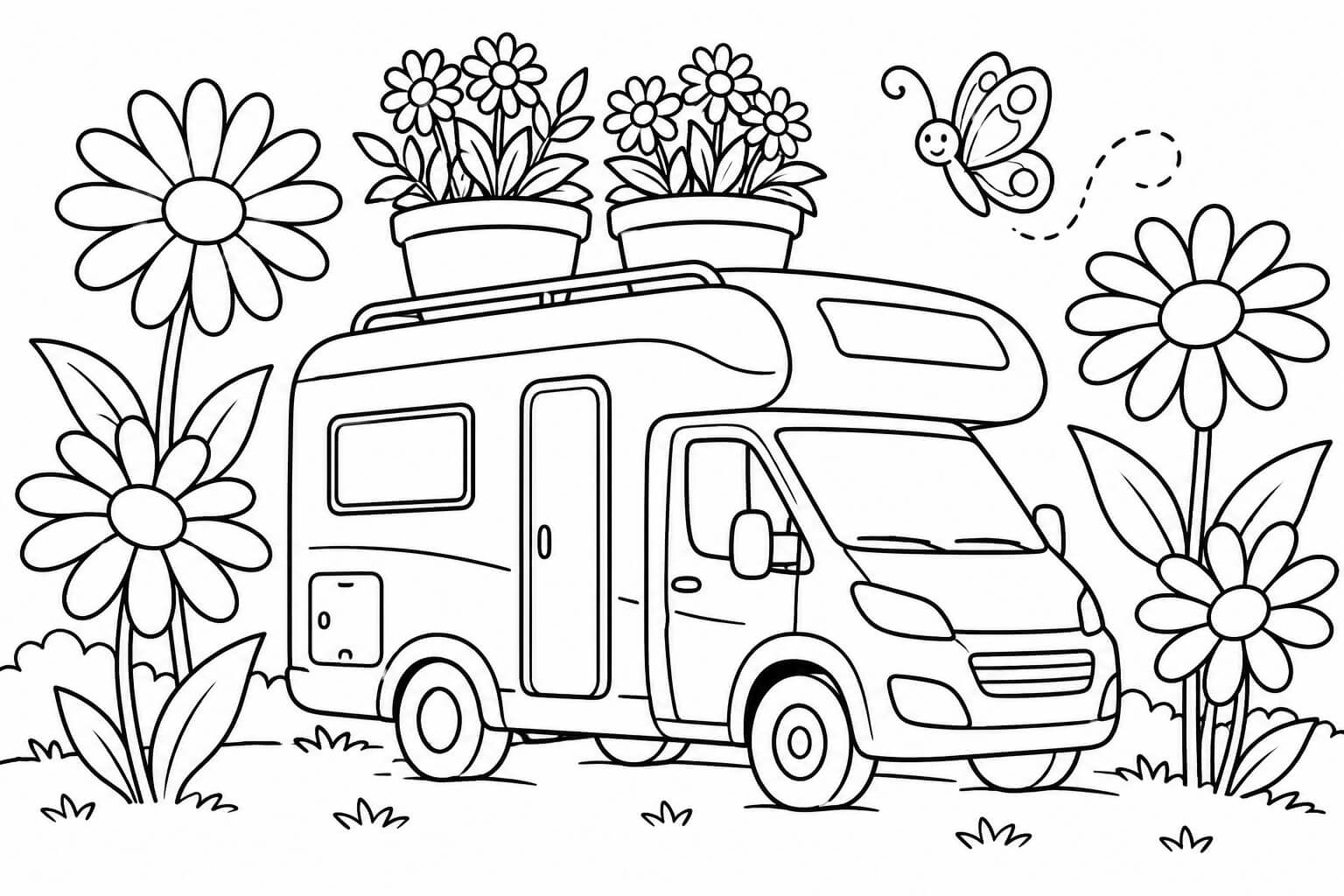 Wohnmobil im blumengarten ausmalbild zum Ausmalen