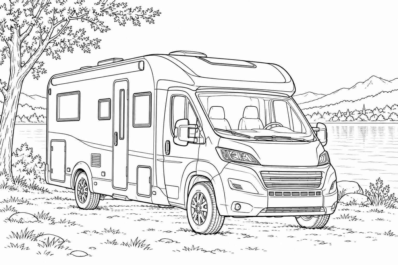 Wohnmobil realistisch am see ausmalbild zum Ausmalen