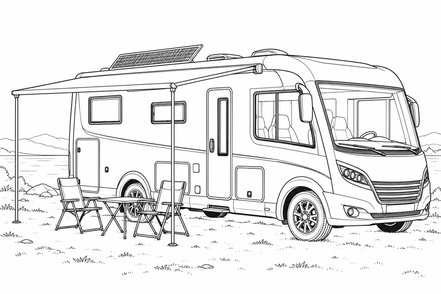 Wohnmobil realistisch auf dem campingplatz ausmalbild zum Ausmalen